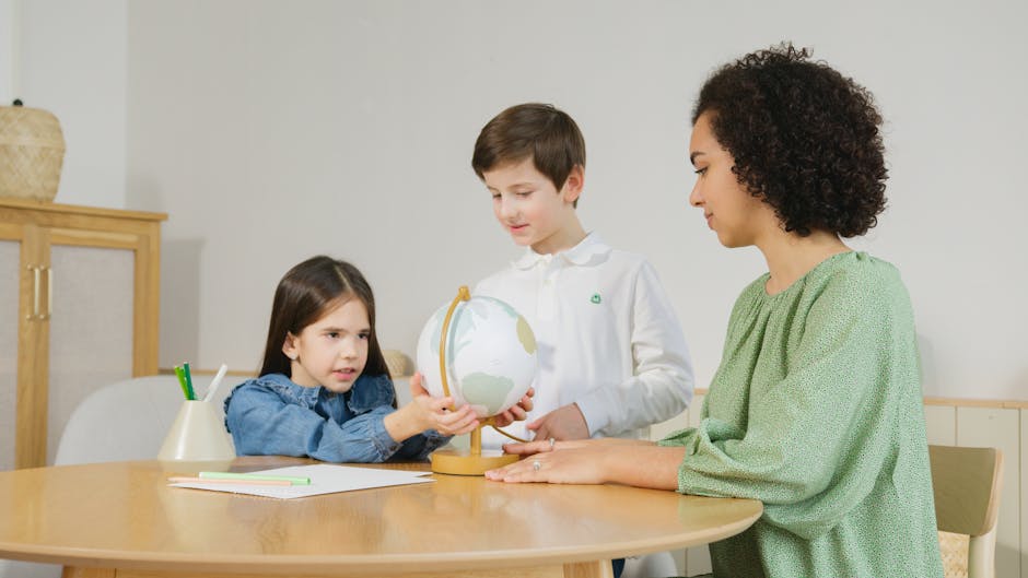 Children with a teacher learning geography through a globe at home.